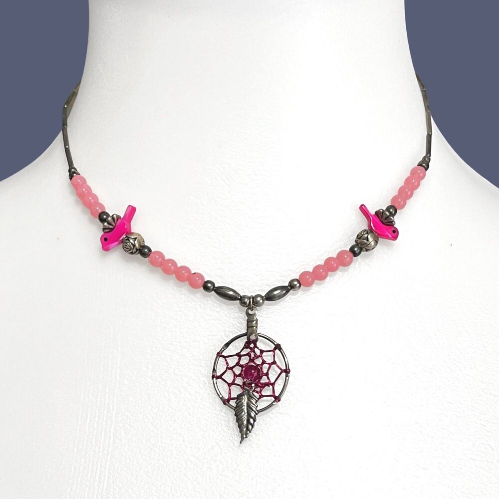 VTG Dreamcatcher Necklace Silver Tone Pink Bird Beaded Choker Southwest Handmade